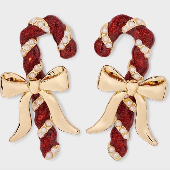 Target Sugarfix Baublebar Red Pearl Bow Candy Cane Holiday Earrings Nickel Free - Picture 6 of 6